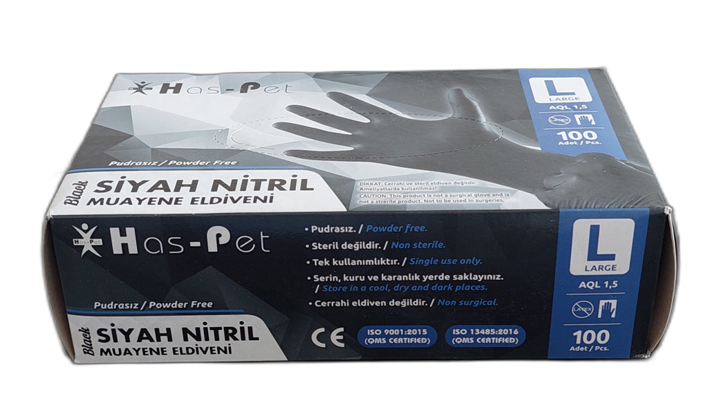 NİTRİL MUAYENE ELDİVENİ SİYAH L BEDEN HASPET