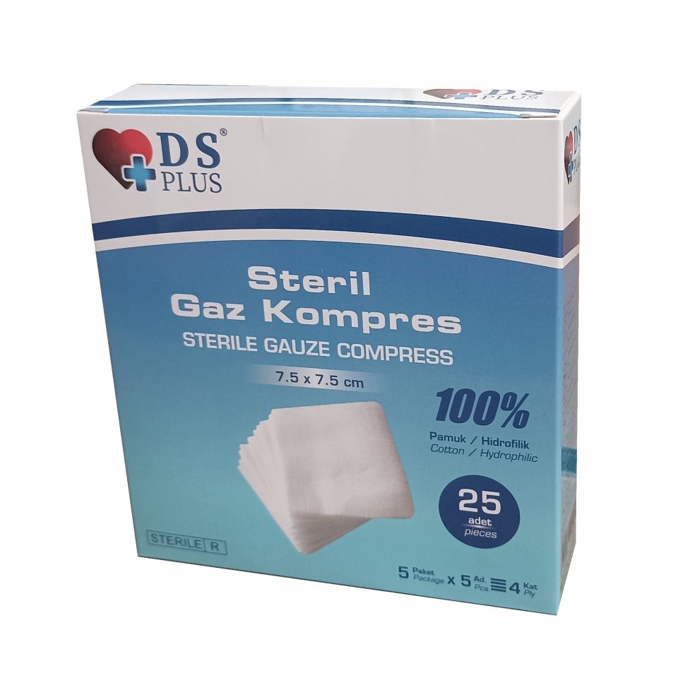 DS Plus Steril Gaz Kompres 7,5 x 7,5 cm 25'li (5'li Zarf)