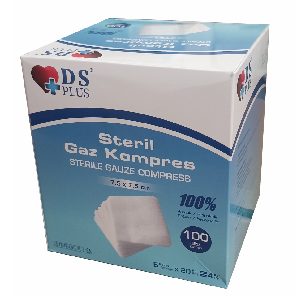 DS Plus Steril Gaz Kompres 7,5 x 7,5 cm 100'lü (5'li Zarf)